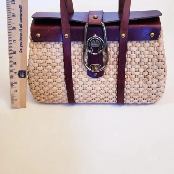 Etienne Aigner Vintage Woven Straw Double Handle Purse, Leather & Brass Details - Picture 10 of 16